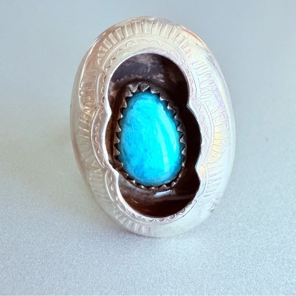 Early Navajo Hand Crafted Shadowbox Turquoise Sterling Silver Ring Old P…